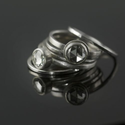 stacking rose cut diamond ring set in platinum