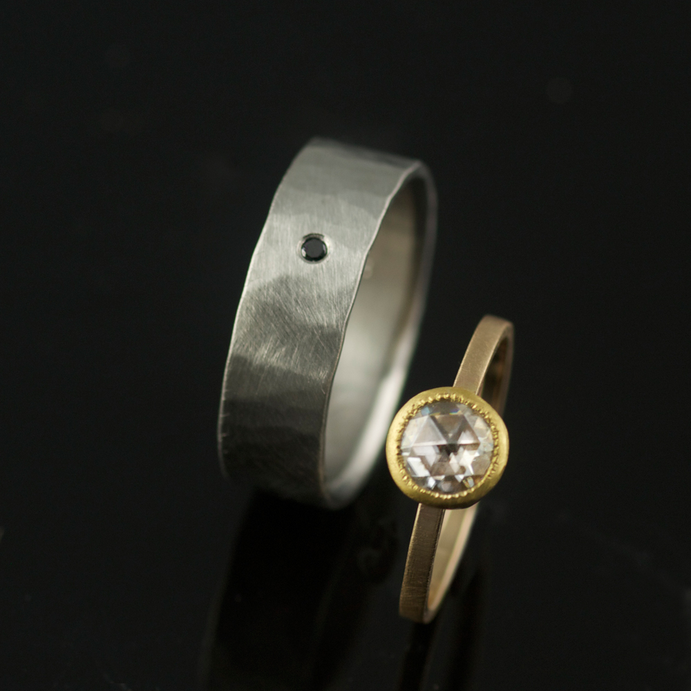 unique wedding ring set gold and palladium moissanite